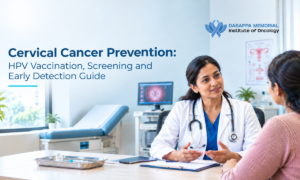 A woman discussing HPV vaccination and cervical cancer screening with a gynecologist during a preventive health visit.