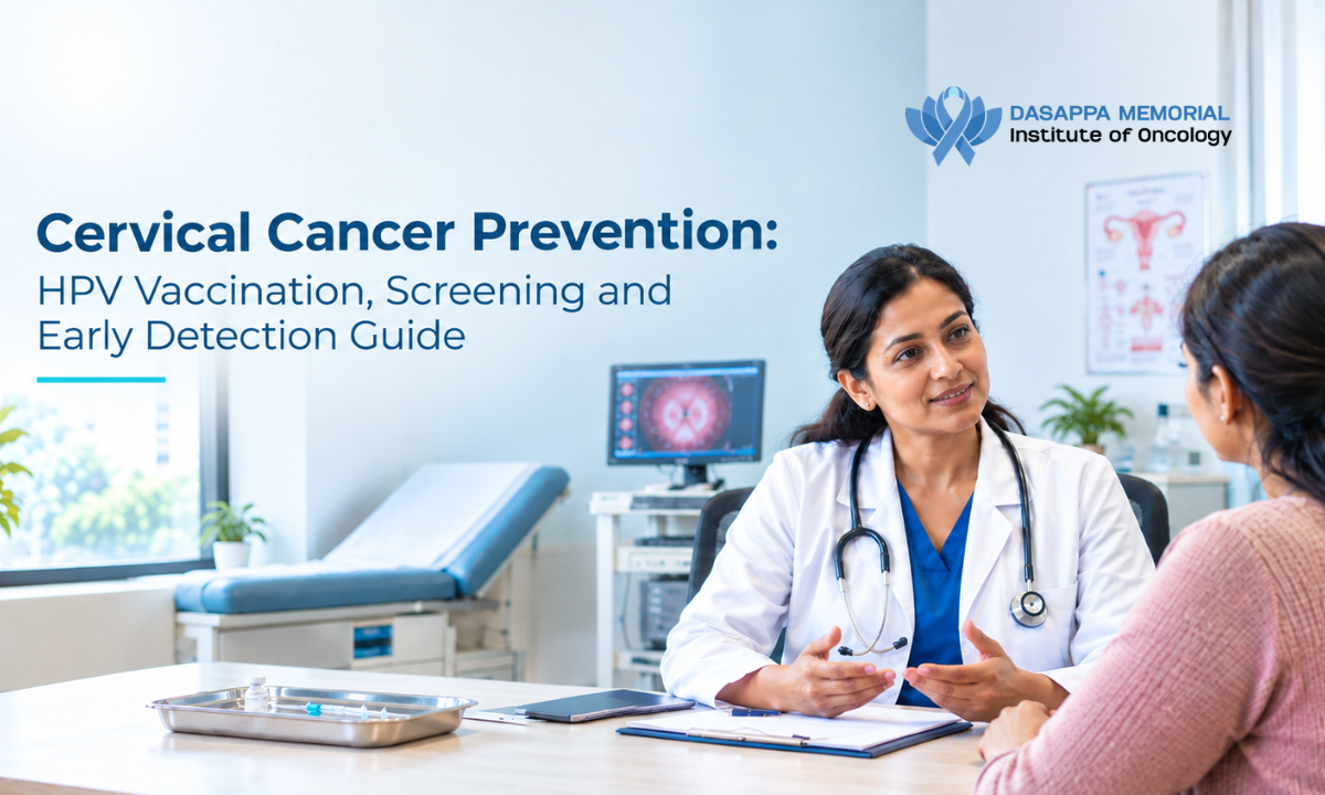 A woman discussing HPV vaccination and cervical cancer screening with a gynecologist during a preventive health visit.
