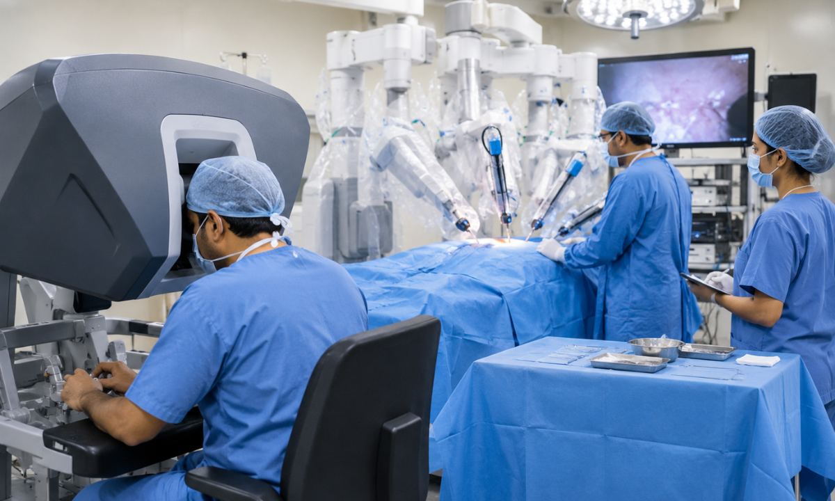 Doctor explaining common myths about robotic cancer surgery to a patient.