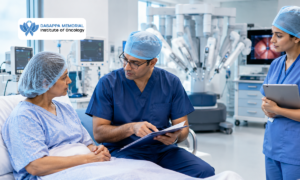 A patient discussing preparations for robotic cancer surgery with a surgeon during a pre-operative consultation.