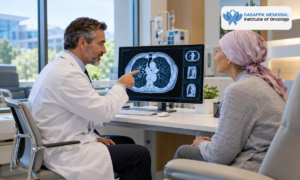 A patient consults an oncologist to understand the lung cancer diagnosis, treatment plan, and recovery process.