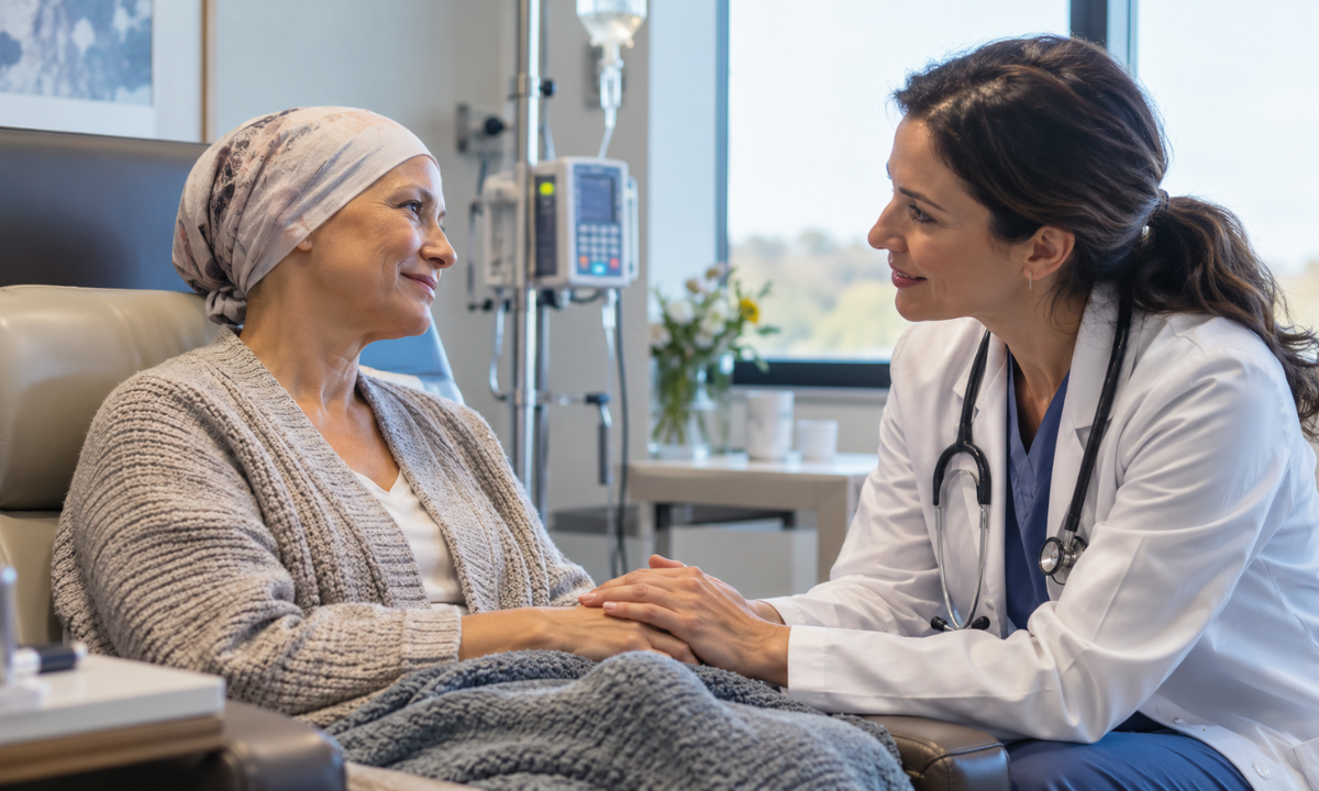 A patient receives medical support to manage lung cancer treatment side effects, improve comfort, and maintain overall well-being.