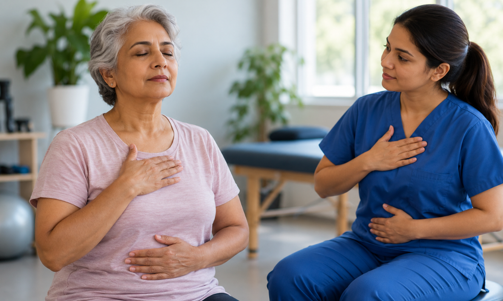 A patient practices gentle breathing exercises with a physiotherapist to improve breathing, rebuild stamina, and support recovery.
