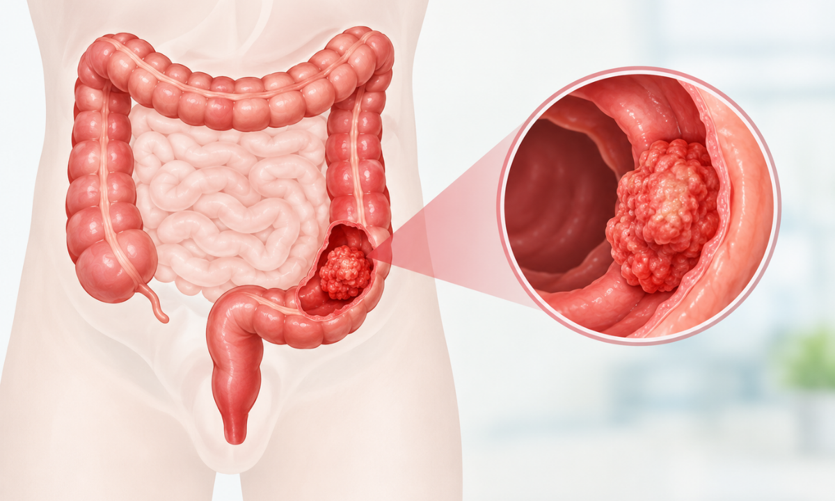 Colorectal cancer affecting the colon and rectum with a tumour in the intestinal lining