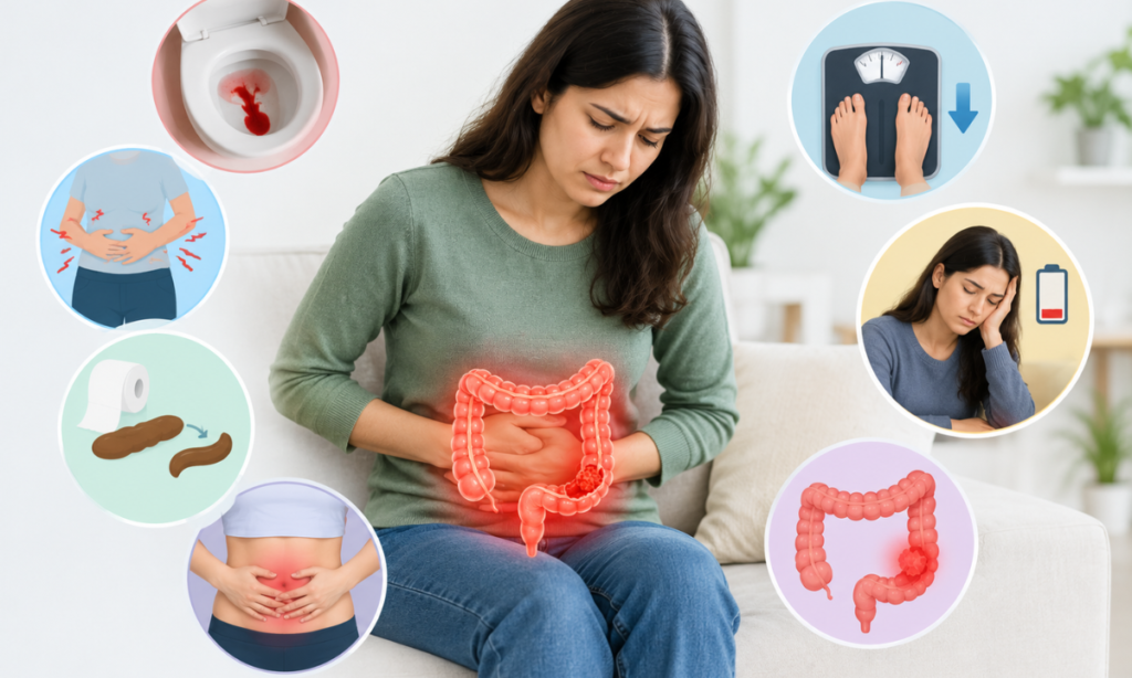 Colorectal cancer symptoms, including abdominal pain and blood in stool